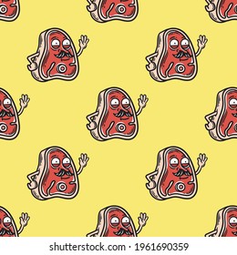 Vintage seamless pattern piece of meat with text Nice To Meat You