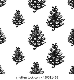 Vintage Seamless Pattern With Pinecone. Background For Eco Forest Autumn Celebrations. Black Floral Rustic Symbol On White Hand Drawing Style.