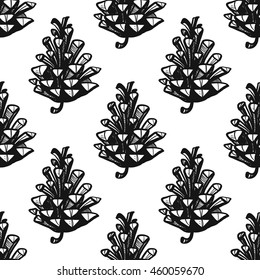 Vintage Seamless Pattern With Pinecone. Background For Eco Forest Autumn Celebrations. Black Floral Rustic Symbols On White Hand Drawing Style.