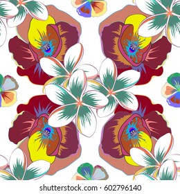 Vintage seamless pattern in pink, blue and violet colors. Hand written vector flowers, stamps, keys.