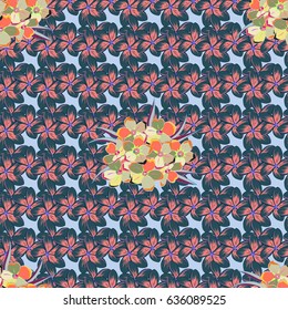 Vintage seamless pattern in pink and blue colors. Hand written vector flowers, stamps, keys.