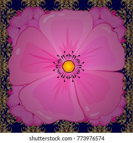 Vintage seamless pattern in pink, blue and magenta colors. Hand written vector cosmos flowers, stamps, keys.