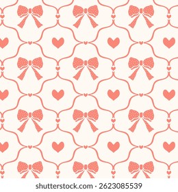 Vintage seamless pattern with pink bows and ribbons in cells. Vector.