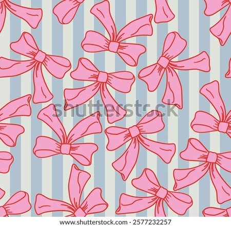 Vintage seamless pattern with pink bows and stripes. Vector flat background with hand drawn ribbon bowknots. Retro coquette aesthetic