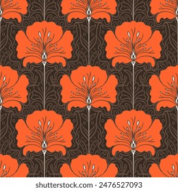 Patrón sin costuras de Antiguas con flores rosas. Estilo Art Nouveau. Ilustración vectorial. Tela de Antiguas, textil, papel de embalaje, textiles, Fondo de pantalla.