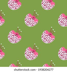 Vintage seamless pattern with pink folk flower buds shapes. Green pastel background. Scrapbook ornament. Designed for fabric design, textile print, wrapping, cover. Vector illustration.