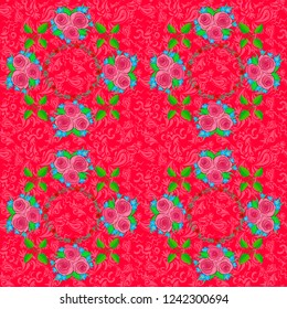 Vintage seamless pattern in pink, green and red colors. Hand written vector rose flowers and green leaves, stamps, keys.