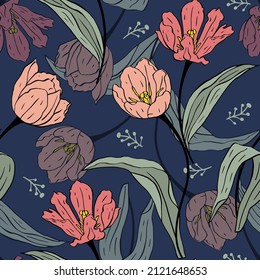 Vintage-nahtloses Muster mit rosafarbenen Linien, Tulpen Blumen auf blauem Hintergrund