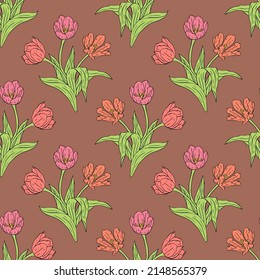 Vintage nahtloses Muster mit rosafarbenen Linien Kunst tuppt Blumen und Blätter auf braunem Hintergrund