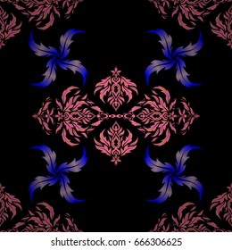 Vintage seamless pattern with pink and orange gradient. Elegant invitation card with vector decor of motley ornament on black background.