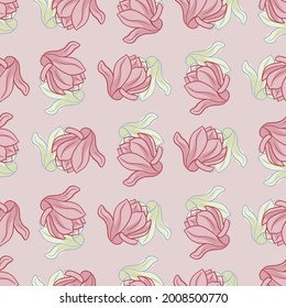 Vintage seamless pattern with pink outline magnolia flowers shapes. Pink pastel background. Vector illustration for seasonal textile prints, fabric, banners, backdrops and wallpapers.