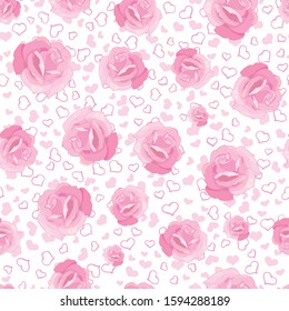 Vintage seamless pattern of pink roses on a white background with hearts. Delicate romantic flowers for wallpaper, fabric, paper. For the design of weddings, cards, invitations, Valentine's Day.