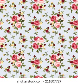 Vintage seamless pattern with pink roses on blue. Vector illustration.