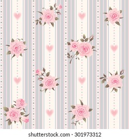 Vintage seamless pattern with pink roses, leaves and hearts. Vector floral striped background.