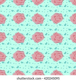 Vintage seamless pattern with pink roses and hearts on blue background