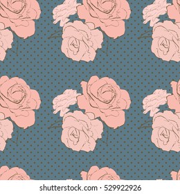 Vintage seamless pattern with pink roses on blue background with polka dots. Vector illustration for print on wrapping paper, fabric etc