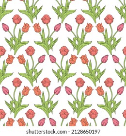 Vintage seamless pattern with pink tulips flowers and leaves on white background