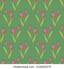 Vintage nahtlose Muster mit rosafarbenen Tulpen, Blumen und Blättern auf grünem Hintergrund