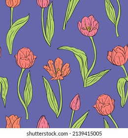Vintage seamless pattern with pink tulips flowers and leaves on blue background