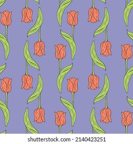Patrón inmaculado con tulipanes rosados flores y hojas sobre fondo azul