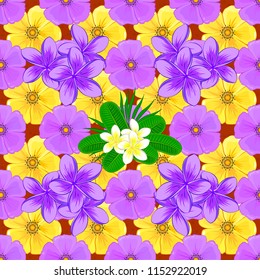 Vintage seamless pattern in pink, violet and yellow colors. Hand written vector plumeria flowers, stamps, keys.