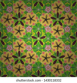 Vintage seamless pattern in pink, yellow and green colors. Hand written vector flowers, stamps, keys.
