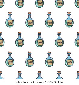 Vintage seamless pattern with poison round bottle for wallpaper design, fabric, wrapping paper. Halloween party. Hand drawn vector doodle chemistry.