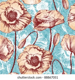 Vintage seamless pattern with poppy flowers, vector floral illustration