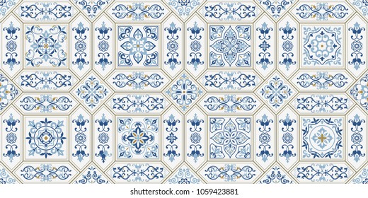 Vintage nahtlose Muster im portugiesischen Stil. Azulejo. Die Fliesen aus Majolika, blau-weißes Azulejo, die traditionelle portugiesische und spanische Dekoration. Vektorgrafik