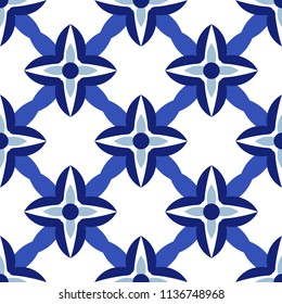 Vintage seamless pattern in Portugal style azulejo in blue and white colors. Vector illustration