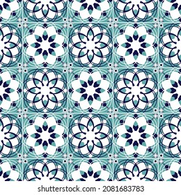 Vintage seamless pattern in Portugal style. Azulejo. Seamless patchwork tile in blue and white colors. Endless pattern can be used for ceramic tile, wallpaper, linoleum, textile, web page background