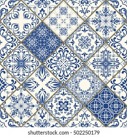 Vintage seamless pattern in Portugal style. Azulejo.Seamless patchwork tile in blue and white colors. Endless pattern can be used for ceramic tile, wallpaper, linoleum, textile, web page background