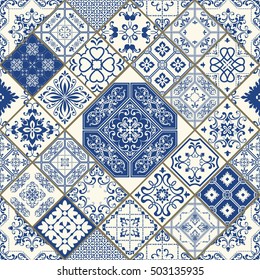 Vintage Seamless Pattern In Portugal Style. Azulejo.Seamless Patchwork Tile In Blue And White Colors. Endless Pattern Can Be Used For Ceramic Tile, Wallpaper, Linoleum, Textile, Web Page Background