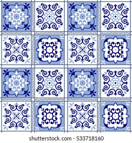 Vintage seamless pattern in Portugal style. Azulejo.Seamless patchwork tile in blue and white colors. Endless pattern can be used for ceramic tile, wallpaper, linoleum, textile, web page background