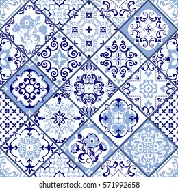 Vintage seamless pattern in Portugal style. Azulejo. Seamless patchwork tile in blue and white colors. Endless pattern can be used for ceramic tile, wallpaper, linoleum, textile, web page background