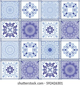 Vintage seamless pattern in Portugal style. Azulejo. Seamless patchwork tile in blue and white colors. Endless pattern can be used for ceramic tile, wallpaper, linoleum, textile, web page background.