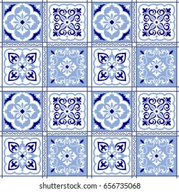 Vintage seamless pattern in Portugal style. Azulejo. Seamless patchwork tile in blue and white colors. Endless pattern can be used for ceramic tile, wallpaper, linoleum, textile, web page background