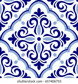 Vintage seamless pattern in Portugal style. Azulejo.Seamless patchwork tile in blue and white colors. Endless pattern can be used for ceramic tile, wallpaper, linoleum, textile, web page background