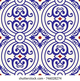 Vintage seamless pattern in Portugal style. Azulejo. Islam, Arabic, Indian, ottoman motifs. Vintage ornament for wallpaper, ceramic tile, printing on the packaging paper, textiles. Vector.