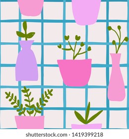 Vintage seamless pattern with potted plants on plaid background.