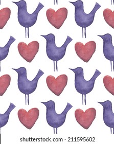 Vintage seamless pattern with purple birds and hearts. Watercolor paint. Romantic theme.
