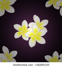 Vintage seamless pattern in purple, brown and white colors. Hand written vector plumeria flowers, stamps, keys.