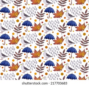 Vintage seamless pattern with rain drops, leaves and umbrellas. Watercolor paint. Autumn theme. 