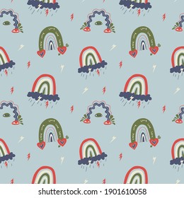 Vintage seamless pattern with rainbows. Various trendy rainbows with hearts and tears on a blue background with lightning. Vector stock illustration of a rainbow with rain hand-drawn.