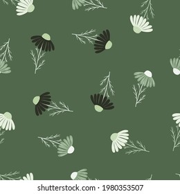 Vintage seamless pattern with random black and white camomile flowers print. Green background. Great for fabric design, textile print, wrapping, cover. Vector illustration.