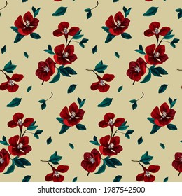 Vintage seamless pattern with red flowers. Floral print with Japanese quince on a branch, leaves. Vector.