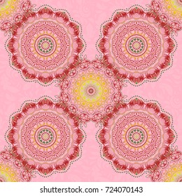 Vintage seamless pattern with red, green and yellow repeating elements. Oriental abstract vector classic pattern.