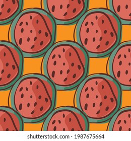 Patrón vintage sin costuras con siluetas de media sandía roja. Fondo naranja brillante. Impresión vectorial plana para textiles, tela, giftwrap, papel pintado. Ilustración sin fin.