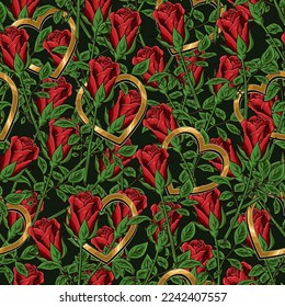 Vintage seamless pattern with red half blown buds of roses with stem and leaves, golden hearts. Vintage illustration for romantic events. Vector illustration