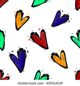 Vintage seamless pattern with red heart. Background for eco forest wedding celebrations. Black floral rustic symbols on white hand drawing style.